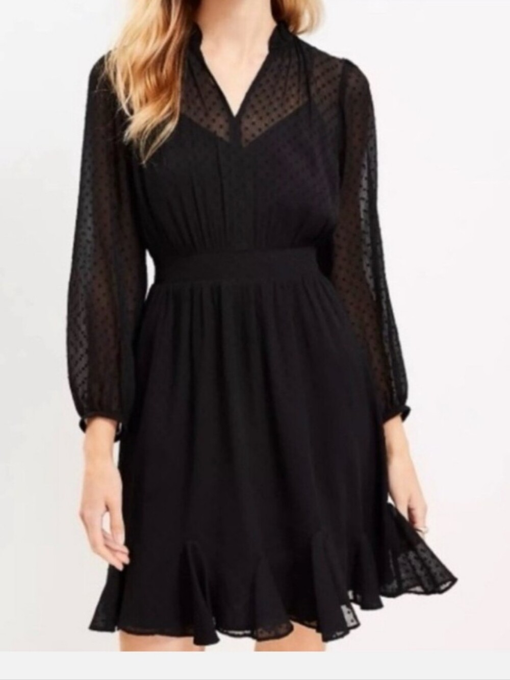Loft Long-sleeves Sheer Swiss Dot Ruffle Black Dress Size 6